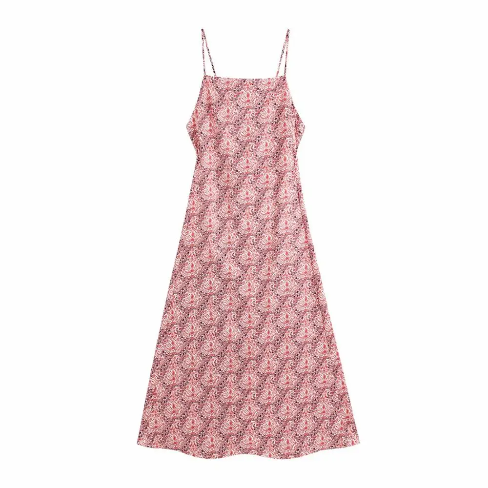 Женское платье с цветочным принтом красное на бретелях спагетти открытой спиной