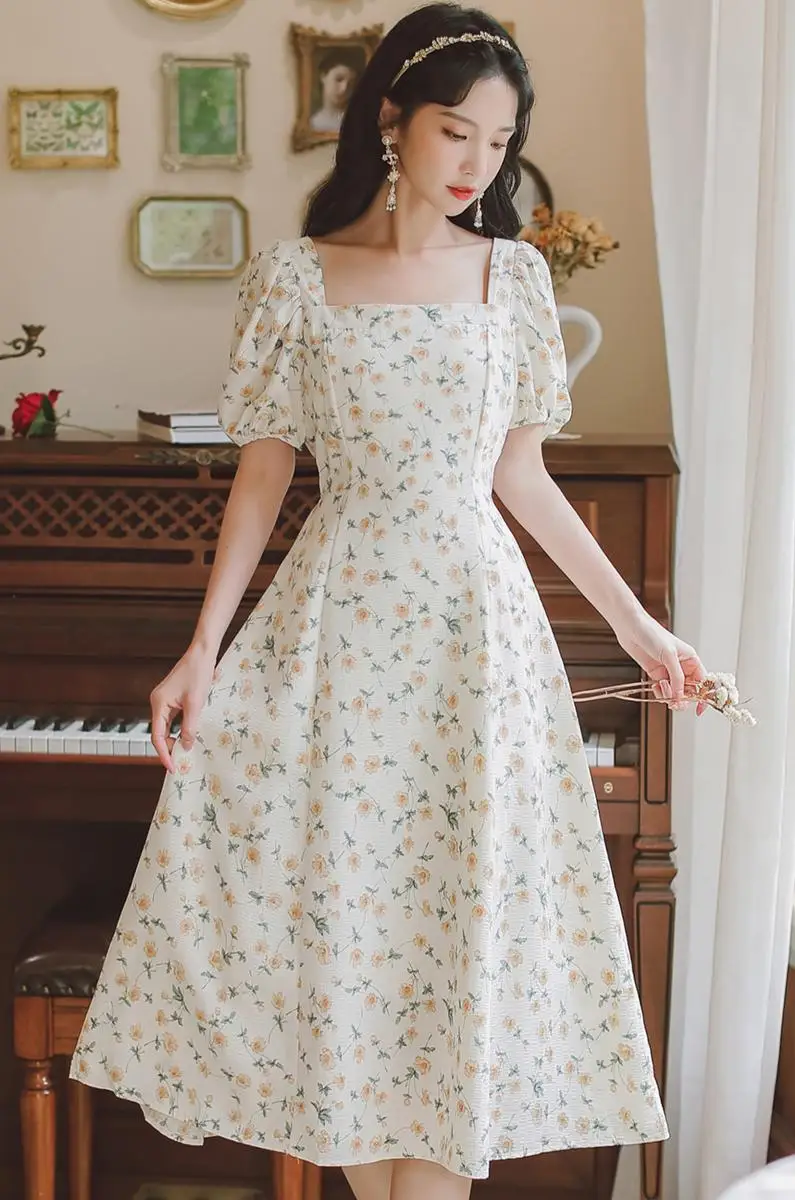 

COIGARSAM French Style Floral Print Women One-Piece Dress Korean High Waist Dresses Pink Flower Huanghua 1528