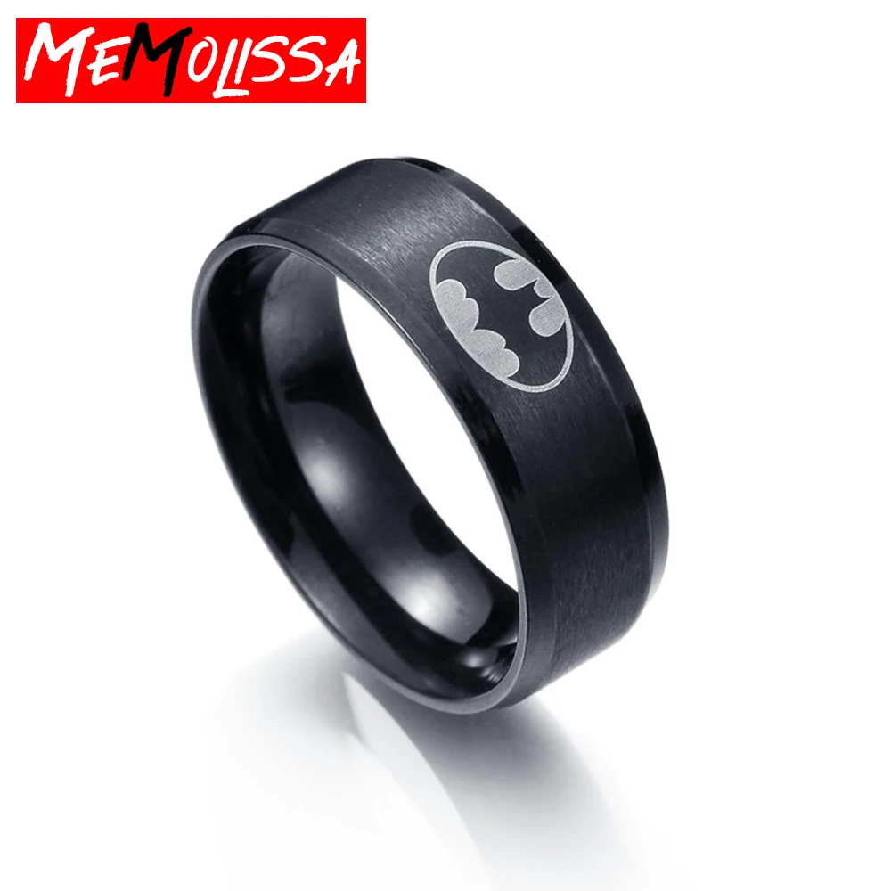 Мужское кольцо с Бэтменом черное из нержавеющей стали 8 мм рисунком летучей мыши