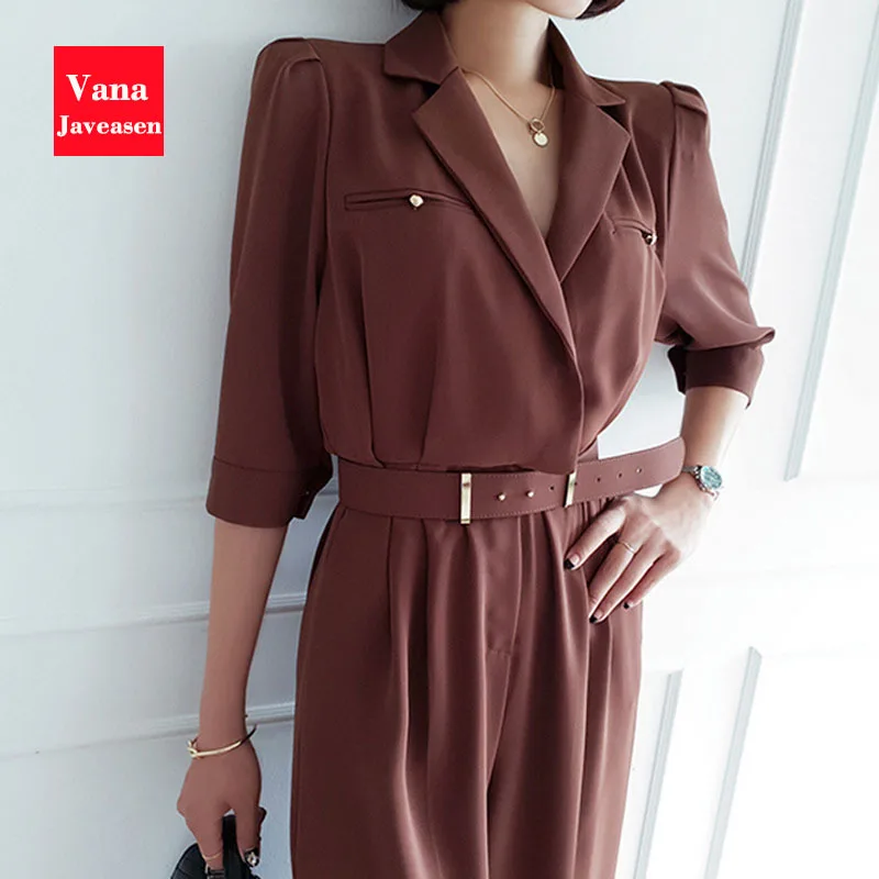 Женский офисный комбинезон с пятью точками коричневый Облегающий широкими