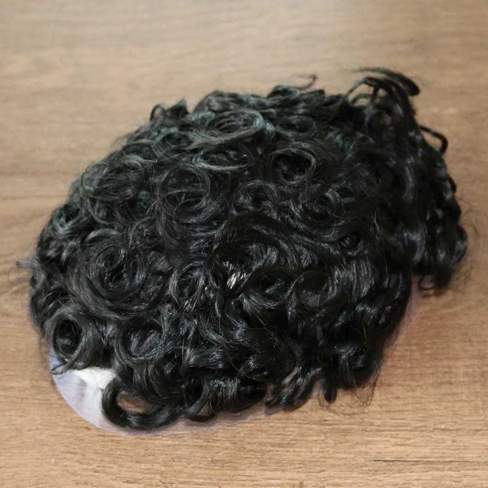

20MM Curly Machine Technical Men's Wig Skin Base Human Hair Toupee System #1B Color 8x10inch