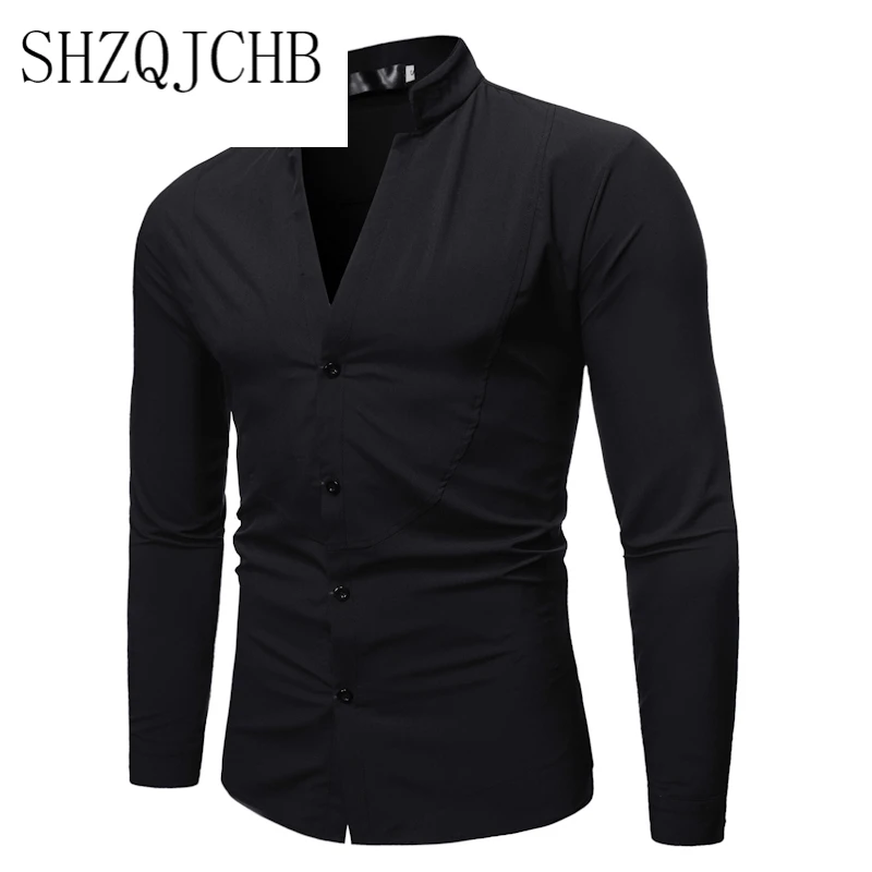 

New 2021 Men's Slim Fit V Neck Shirt Male Solid Color Long Sleeve Shirt Men Mandarin Collar Casual Business Shirt Tops S-2XL