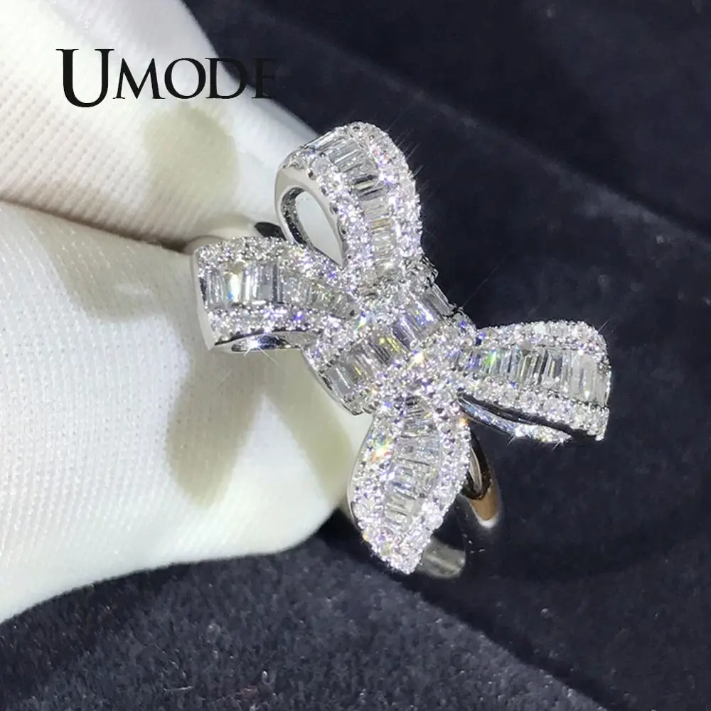 UMODE серебряное классическое кольцо для женщин и девочек, обручальные кольца, корейские ювелирные изделия, простое Кристальное циркониевое кольцо с бантом UR0522