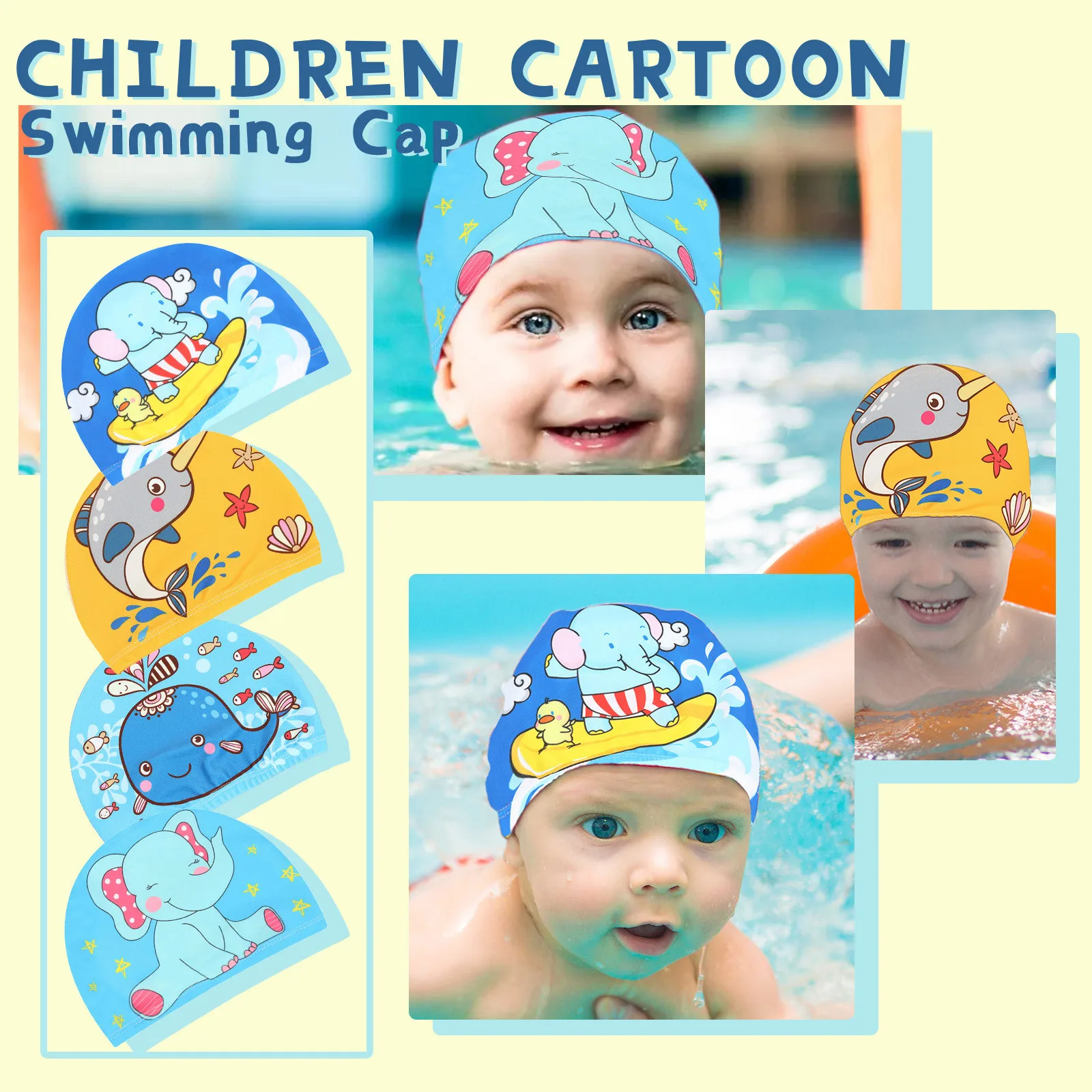 

Swimming Cap Children Men And Women Cartoon Animals Soft And Comfortable Elastic Fabric Cute Caps 1-10 Years Old