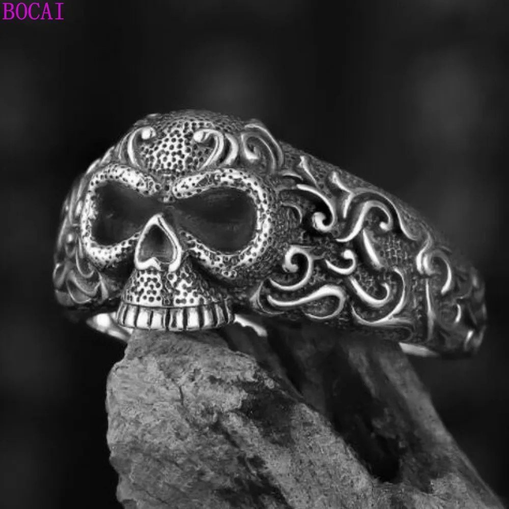 

100% Real S925 Sterling Silver Rings 2022 New Fashion Adjustable Skull Flower Ornaments Pure Argentum Punk Jewelry for Men Women