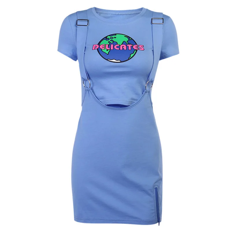 

Y2K Aesthetics Graphic Printed 2 Piece Set E-girl Short Sleeve Crop Top +Strap Skirts Suit Two Piece Vintage 90s Fall Summer