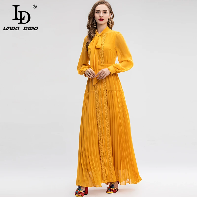 LD LINDA делла Платье макси с длинным рукавом женское бантом Воротник Цветочная