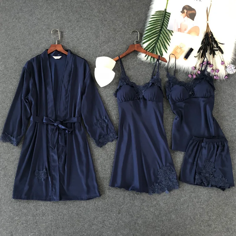 

With chest pad sling pajamas female summer sexy shorts nightgown four-piece silk pajamas autumn pyjama femme
