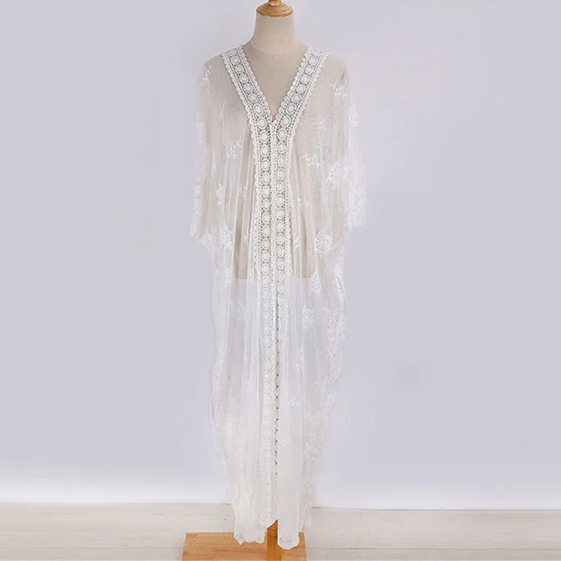 

[NODELAY] 2021 Hollow out Bikini Cover up Lace Beachwear Pareo Sexy Cover-up Beach Wear Female Dolman sleeve Beach Tunic Dress