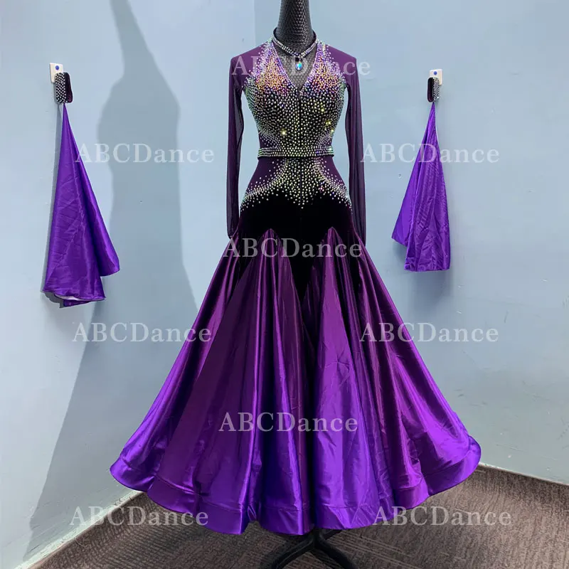 

Новое Фиолетовое Женское бальное платье для танцев с длинным рукавом, прозрачные стразы, вальс, танго, танцевальная одежда для выступлений
