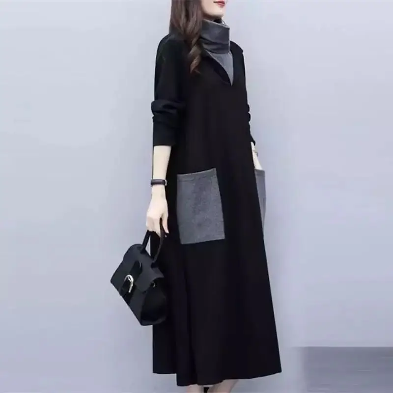 Осень зима 2021 женское Свободное длинное платье большого размера строченное