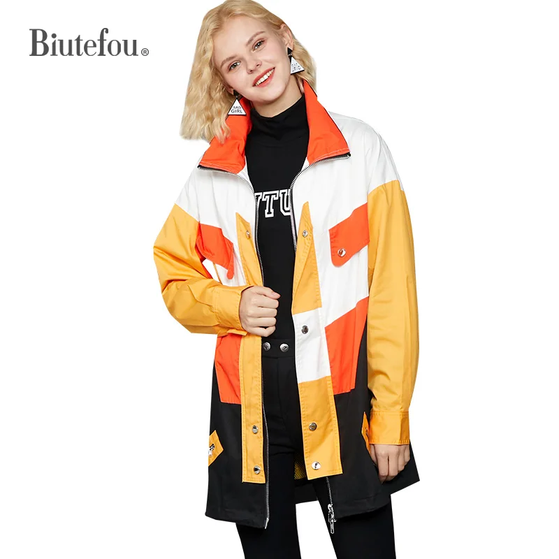 

2021 Spring Women Long Loose Contrasting Color Patchwork INS Coats