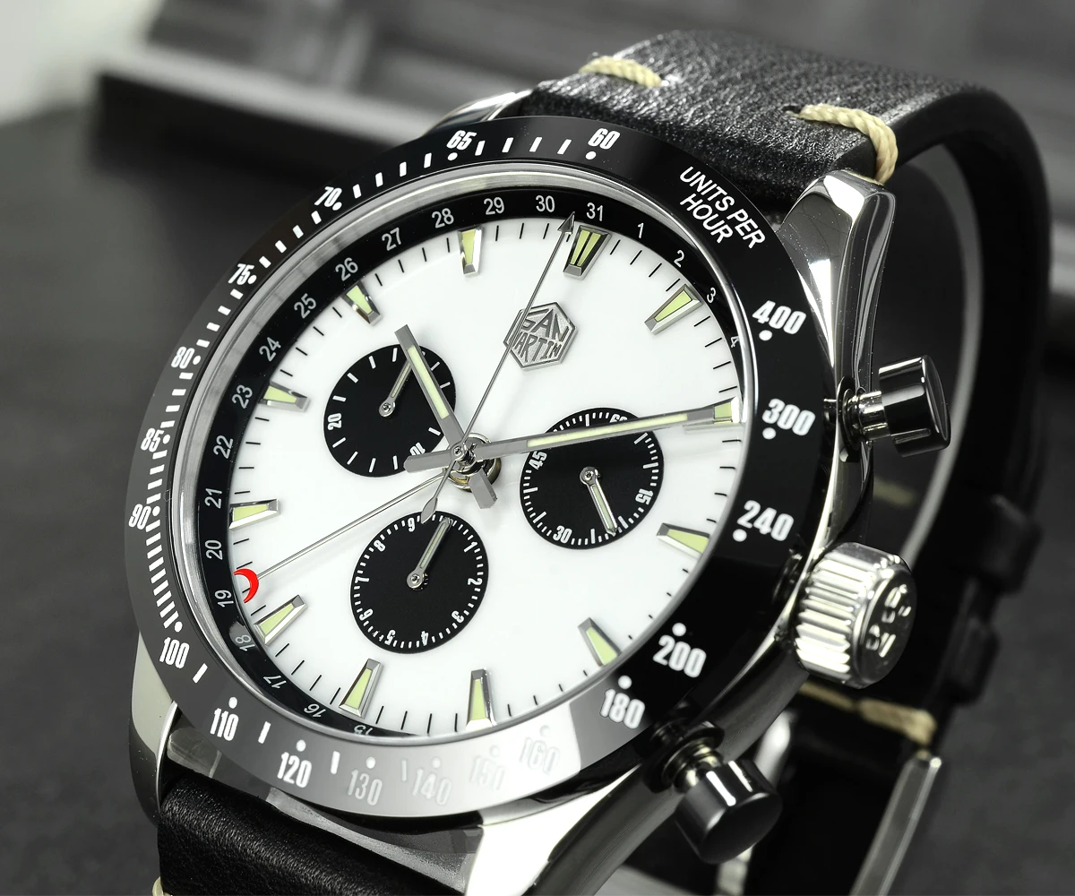 Lugyou San Martin Quartz Watch Men Chronograph Timepiece Sun ray Metal Band Sub Dials Pusher Sapphire 100m Water Resistant Glow