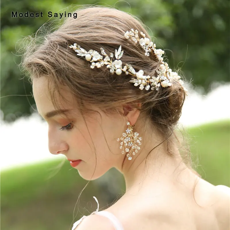

Fairy Flowers and Rhinestone Branch Wedding Clip 2019 Formal Women Crystal Bridal Clip Earrings Wedding Accessories Headpiece