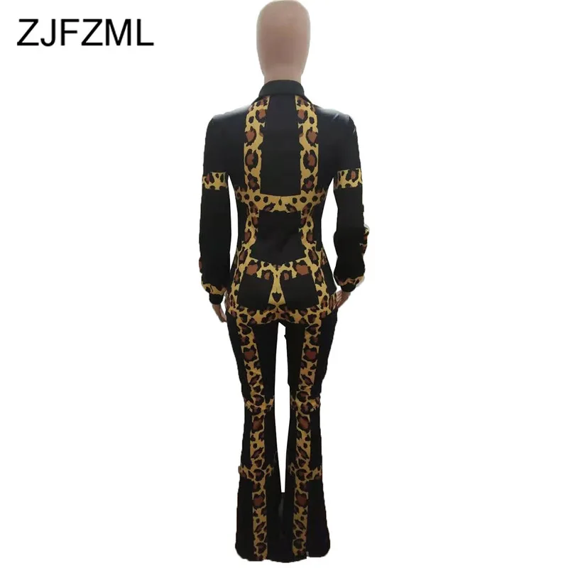

Leopard Printed 2 Piece Tracksuits Women Set Turn-Down Collar Long Sleeve Button Shirts and Black Flare Pants Sexy Club Outfits