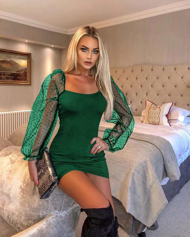 Платье с пышными рукавами женское платье квадратным вырезом в горошек Сетчатое