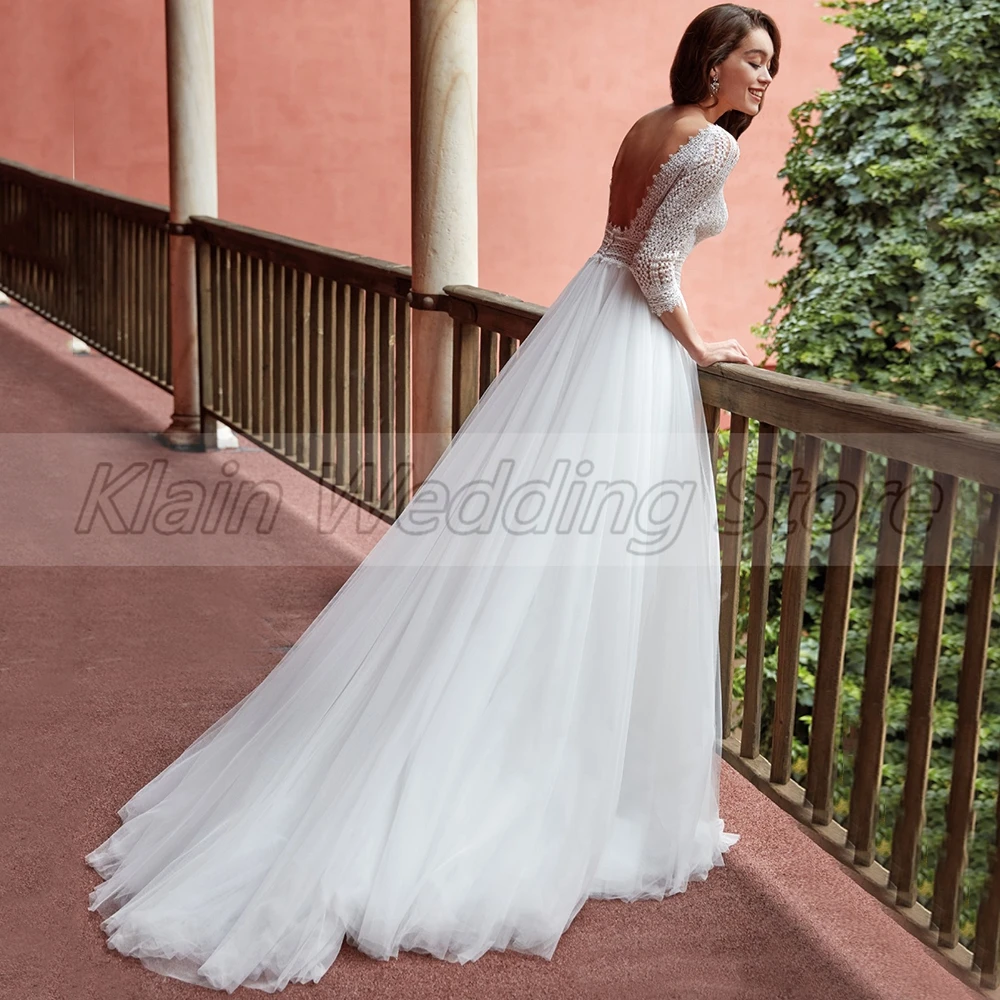 

2021 Boho A-Line Tulle Wedding Dress Sexy Sheer V-Neck Lace Three Quarter Sleeve Court Train Backless Bridal Gowns