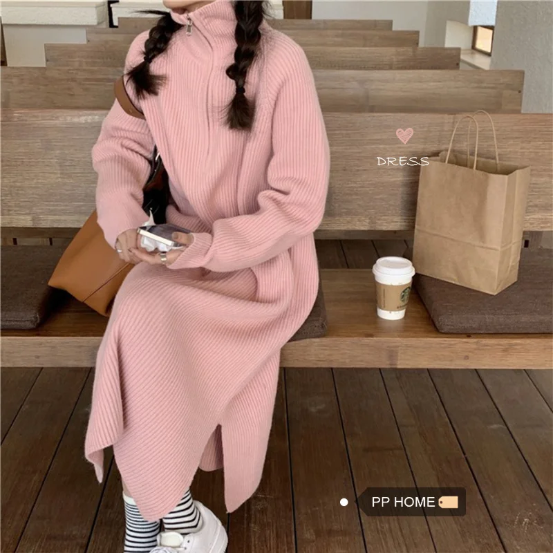 

Winter Dress Thick High Neck Zipper Sweater Dress Knitting One Piece Dress Pink