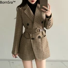 Женский двубортный Блейзер BornSra, повседневный приталенный Блейзер с поясом в Корейском стиле, 2020