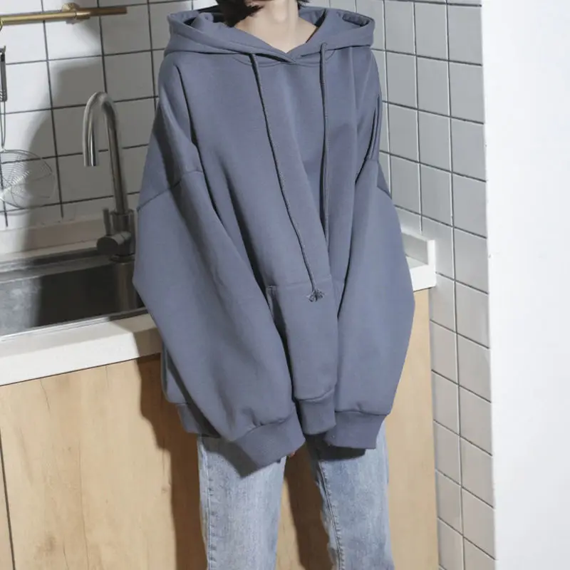 

Fall 2021 New Loose Haze Blue Solid Color Sweater Women Loose Breathable Hooded Student Jacket