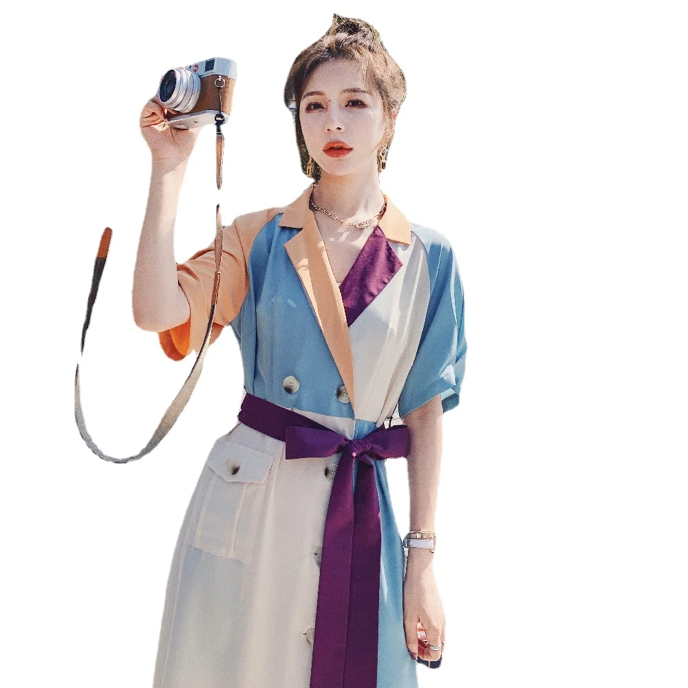 

Women French Patchwork Bandage Big Shirt Dress Women's 2021 Summer Elegant Fashion Plus Size Contrast Belt Harajuku Maxi Dresses