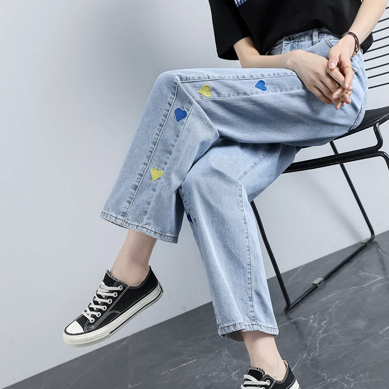 

TongSiHai Jeans for Women Ladies Summer Fashion High Waist Heart Embroidery Denim Pants Teens Girls Casual Thin Streetwear