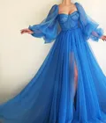 Романтические синие мусульманские Вечерние платья а-силуэта, женское длинное вечернее платье для выпускного вечера в стиле Дубая, Саудовской Аравии