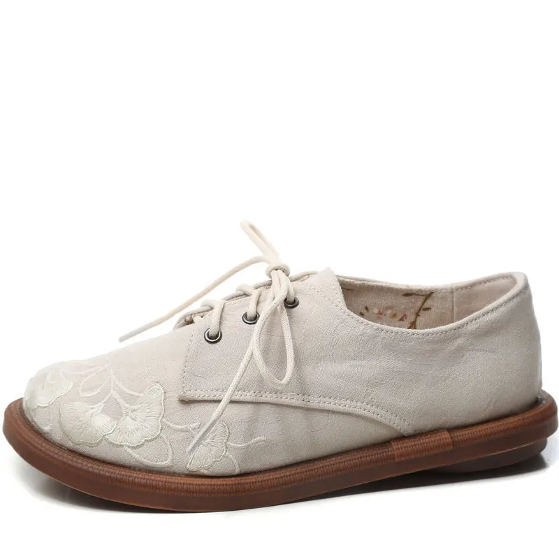 

Casual Woman Shoe Round Toe Female Footwear Summer Cross Retro New Dress Small Floral Fabric TPR Lace-Up Leisure Embroider Basic