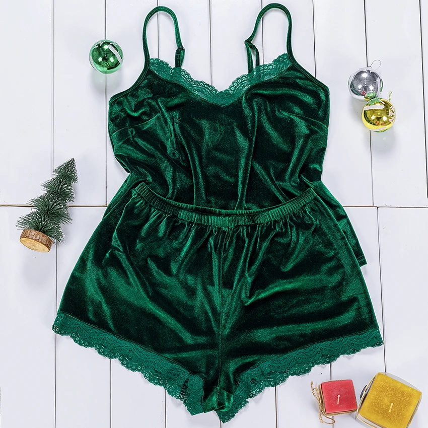 Зеленая однотонная Рождественская Пижама с кружевом и v-образным вырезом без