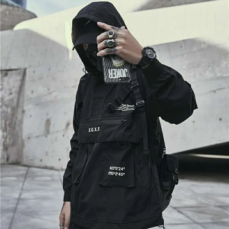 

Techwear Jacket for Men Spring Streetwear Black Hooded Waterproof Windbreaker
