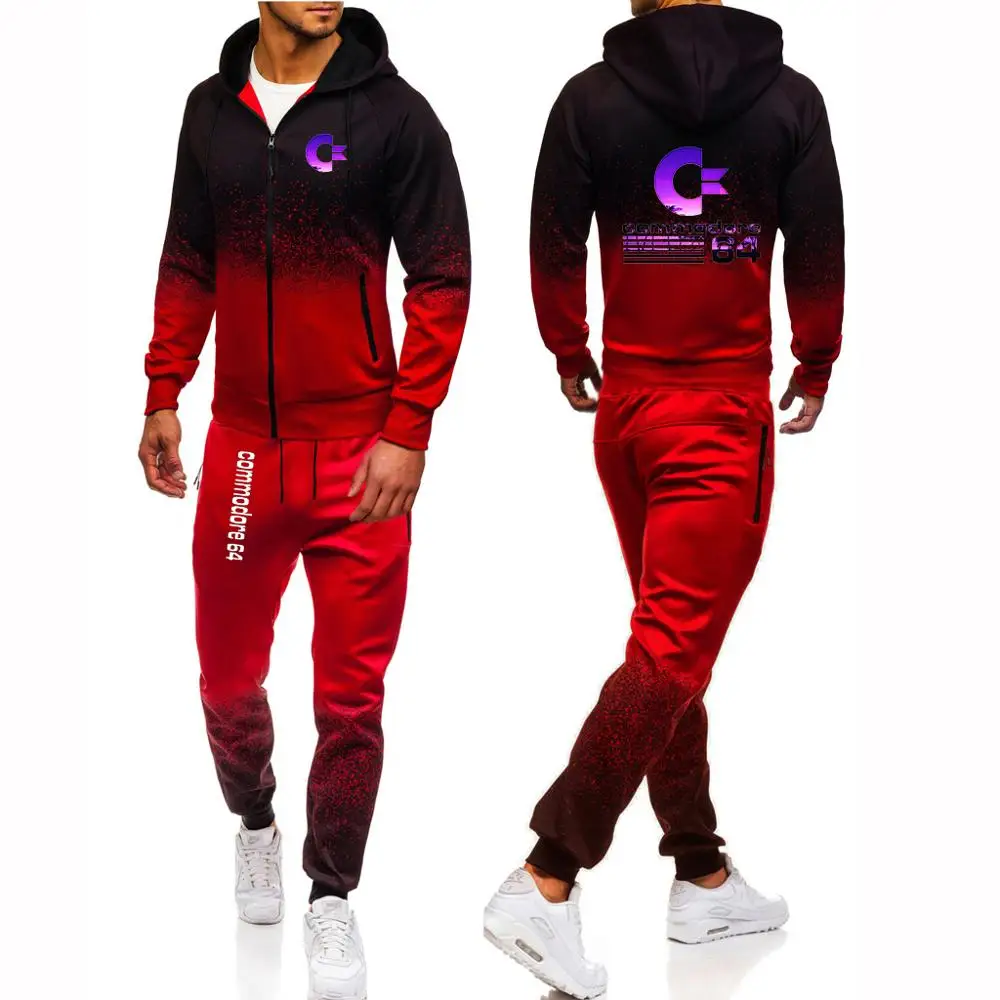 

2021 Commodore 64 Man Printed Mens Brand Set Gradient Hooded Hip Hop Casual Pants Sets Harajuku Jackets Sport Suits Men