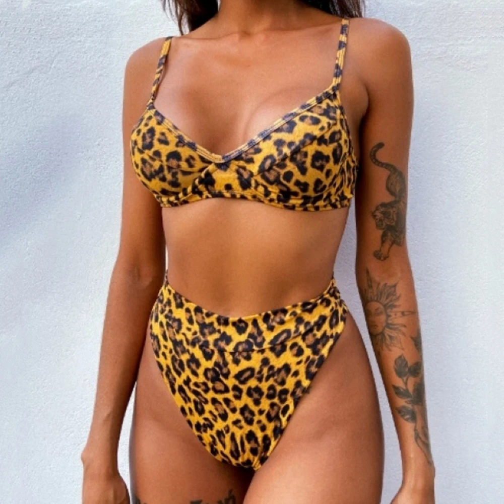 

2021 New Arrival Sexy Bikini Leopard Swimsuit Summer Two Piece Swimwear Brazilian High Waist Bathing Suit Bandage Beachwear