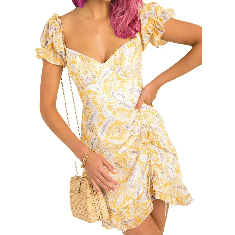 

2021 summer temperament wrap chest Ruffle sleeve slim Ruffle short dress