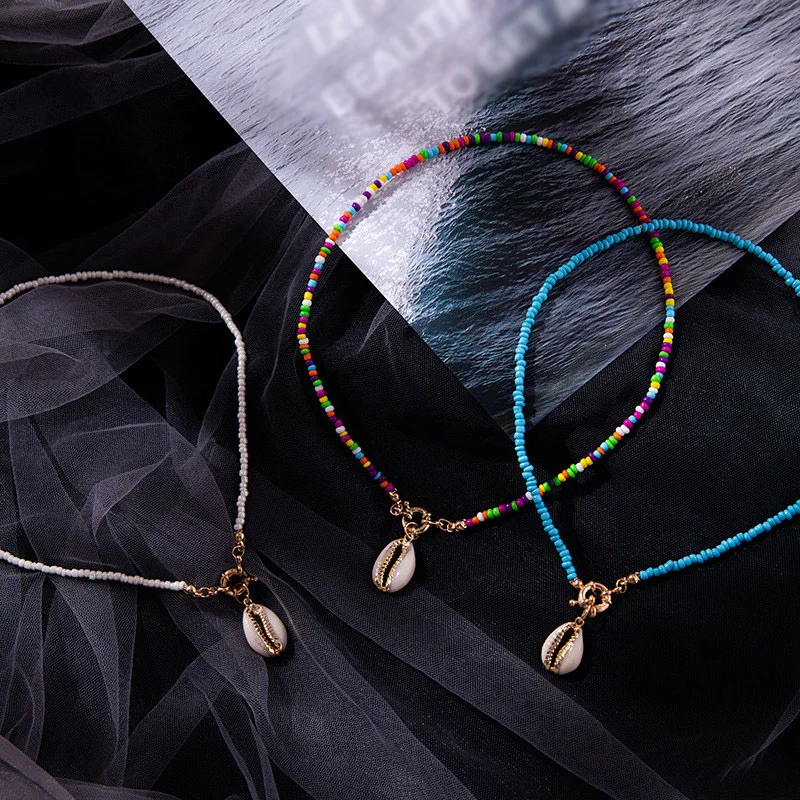 

Vintage Women Fashion Trendy Colorful Seed Beads Choker Bohemian Summer Shell Necklace Rice Beads Natural Conch Shell Necklace
