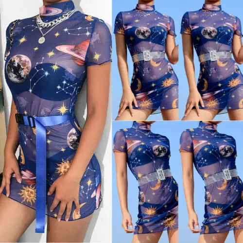 

Women Casual High Collar Short Sleeve See Through MoonStar Mesh Slim Mini Dress