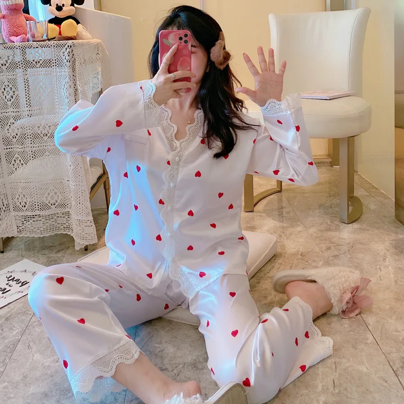 

Autumn new artificial silk suit ladies sweet long-sleeved trousers casual home clothes can wear Korean women