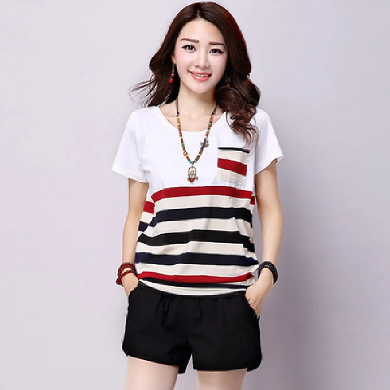 

New Round Neck Short Sleeve T-shirt Summer Plus Size Tops Casual Comfortable Fashion T Shirt Stripe Printed Top Cotton