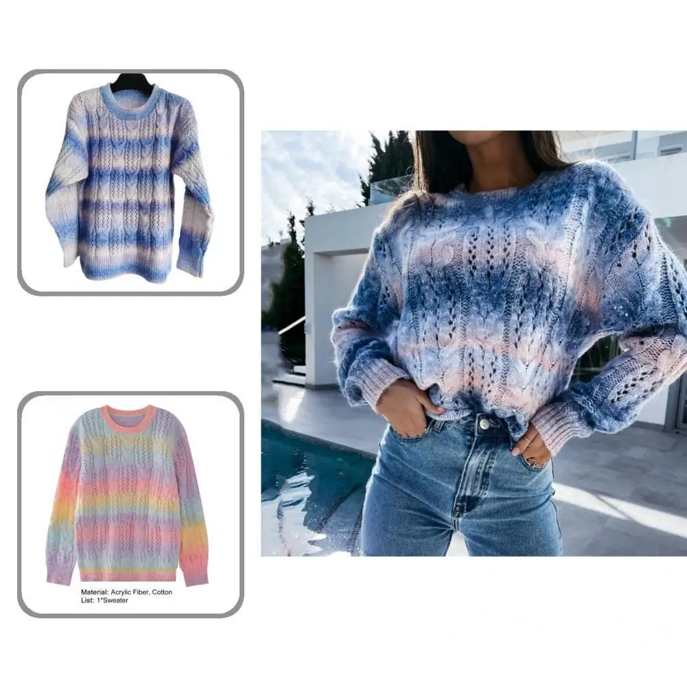 

Популярный женский вязаный свитер с асимметричным градиентом и круглым вырезом