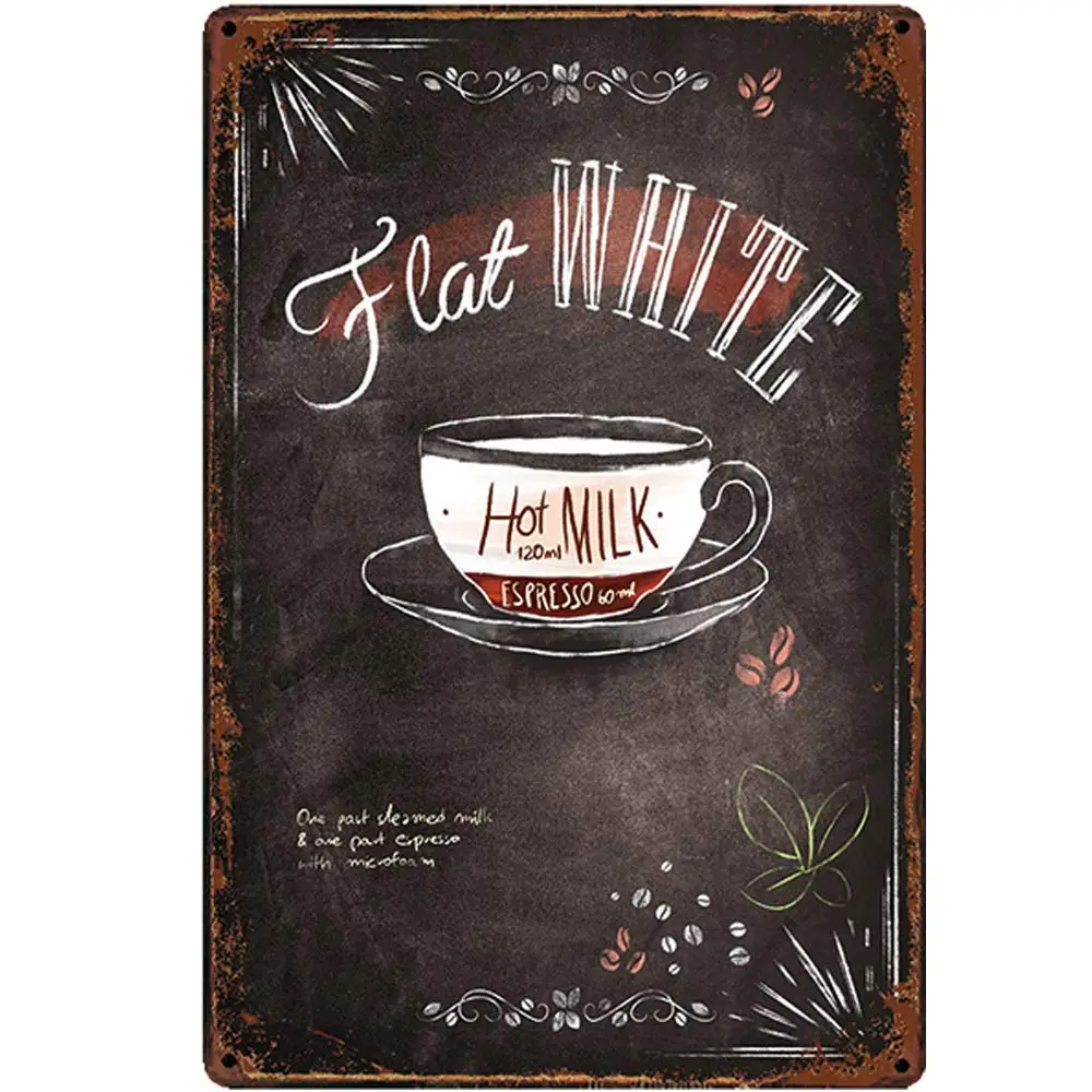 Vintage Design Feat White Coffee Recipe Tin Metal Signs Wall Art | Thick Tinplate Print Poster Wall Decoration for Cafe/Kitchen