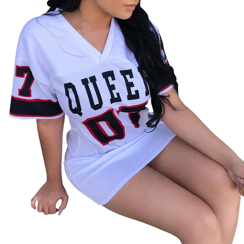 

T Shirt Dress Women Short Dress Hip Hop Queen Printed Long T Shirt Loose V Neck Sexy Mini Dress Robe Camiseta Vestidos
