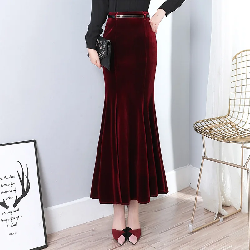 Женская бархатная юбка с поясом Длинная черная запахом в стиле ретро модель 5XL на