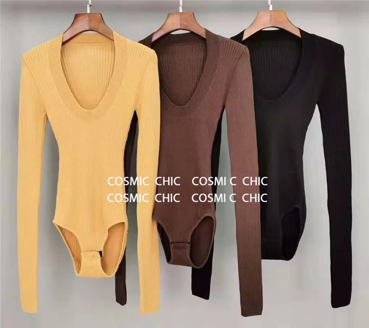 Cosmicchic Women Long Sleeve Knitted Wool Bodysuit Autumn Winter O Neck Sexy Bodycon Top Quality Party Club Solid Body