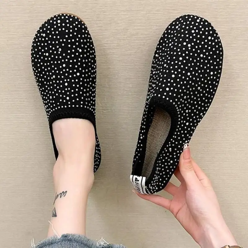 

Casual Shoes Women Summer Breathable Mesh Ladies Loafers Fashion Diamante Round Toe Female Flat Shoes 2021 New Soft Woman Mules