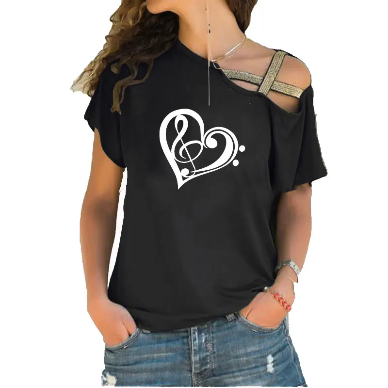 

Футболка женская с коротким рукавом, ассиметричный воротник, модный Свободный Повседневный Топ с косым плечом, перекрестным поясом, с принт...