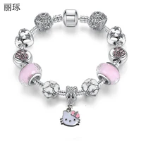 new cute pink kitty cat pandoras bracelet female crystal glass diy alloy large hole beaded bracelet valentines day gift