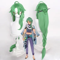genshin impact baizhu cosplay costumes bai shu wig removable bun baishu green long straight braided ponytail heat resistant hair