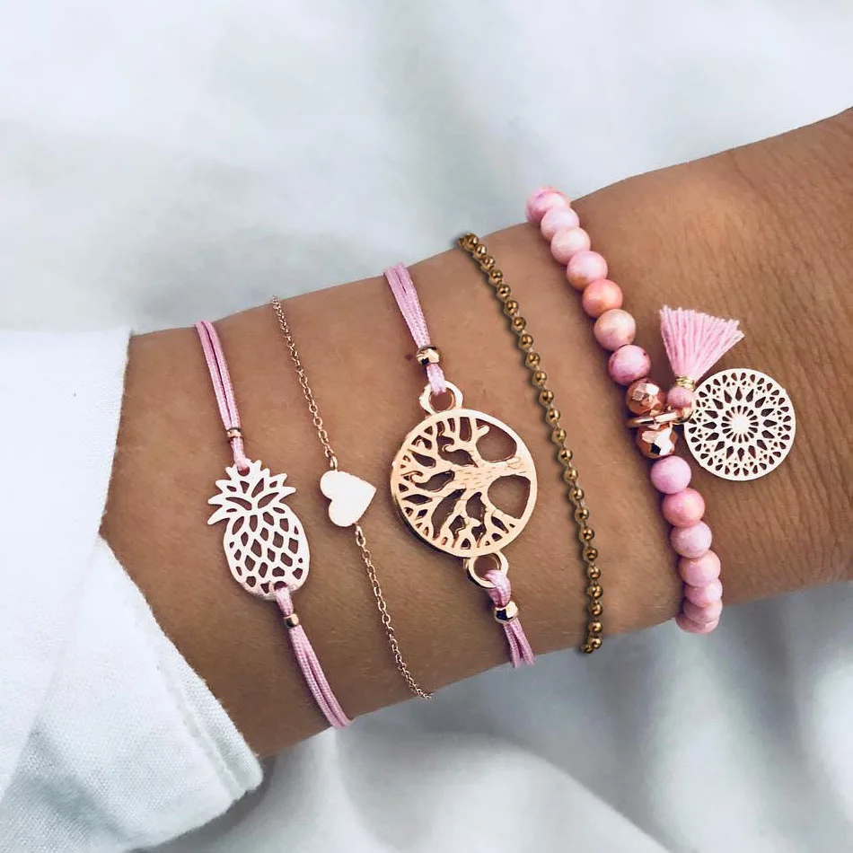 

Bohemian Pink Beaded Bracelets for Women Vintage Fashion Tassel Love Tree Life Charm Bracelets Sets Female Party Jewelry Gifts