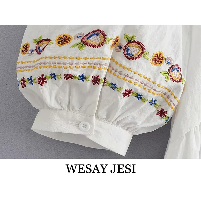 

WESAY JESI 2021 Summer Shirt Embroidered Lantern Sleeve Round Neck Bow Knot Waist Top Personalized Fashion Retro Commuter Top