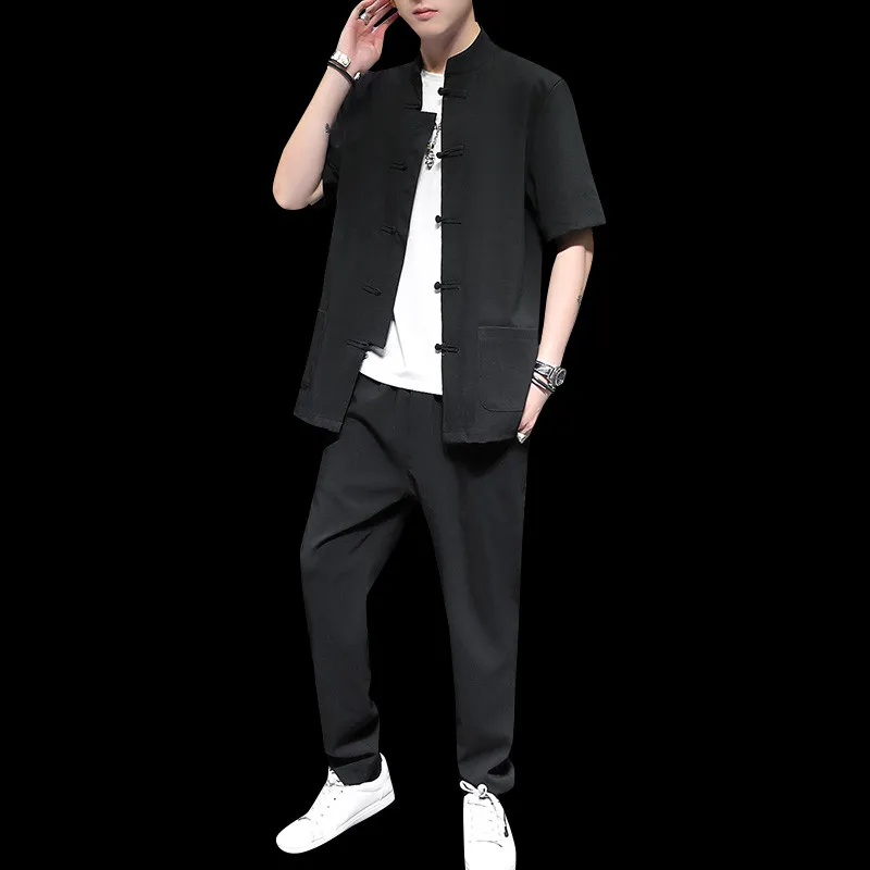 

NEW Traditional Chinese Style Tracksuit Men Casual Short Sleeve Shirt + Ankle Pants Two Piece Set Man Clothing Plus Size 4XL