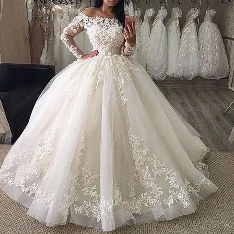 

Arabic Off The Shoulder Bride Dress 2020 Long Sleeves Ball Gown Wedding Dresses Lace Appliques Princess Sweep Train Bridal Gowns